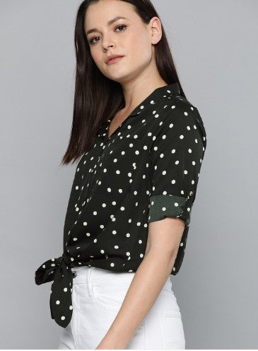 Harvard Women Black & White Regular Fit Printed Casual Shirt With Tie-Up Detail (Size-L)