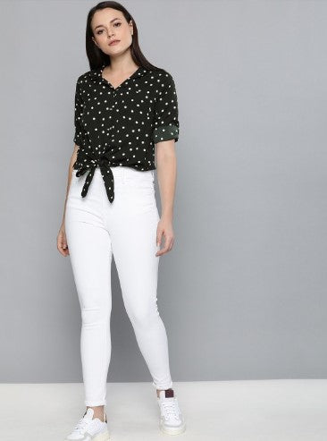 Harvard Women Black & White Regular Fit Printed Casual Shirt With Tie-Up Detail (Size-L)