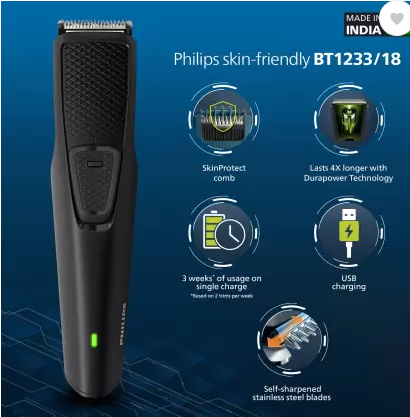 PHILIPS BT1233/18, Dura Power Tech, Skin Safe Trim Trimmer 30 min Runtime 4 Length Settings (Black)