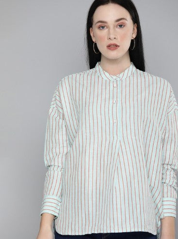 Levis Blue & Pink Striped Mandarin Collar Linen Shirt Style Top (Size-L)