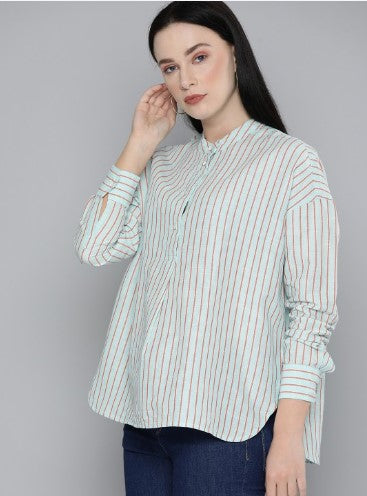 Levis Blue & Pink Striped Mandarin Collar Linen Shirt Style Top (Size-L)