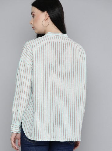 Levis Blue & Pink Striped Mandarin Collar Linen Shirt Style Top (Size-L)