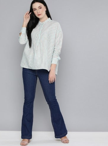 Levis Blue & Pink Striped Mandarin Collar Linen Shirt Style Top (Size-L)