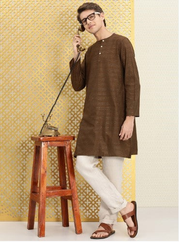 Ode by House of Pataudi Men Brown & Silver-Toned Striped Round Neck Straight Kurta (Size-38)
