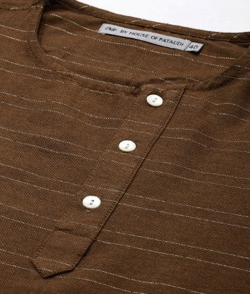 Ode by House of Pataudi Men Brown & Silver-Toned Striped Round Neck Straight Kurta (Size-38)