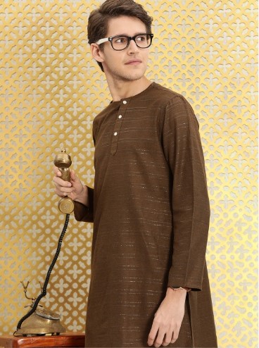 Ode by House of Pataudi Men Brown & Silver-Toned Striped Round Neck Straight Kurta (Size-38)