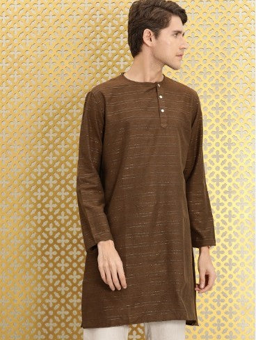 Ode by House of Pataudi Men Brown & Silver-Toned Striped Round Neck Straight Kurta (Size-38)