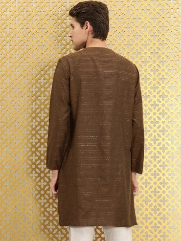 Ode by House of Pataudi Men Brown & Silver-Toned Striped Round Neck Straight Kurta (Size-38)