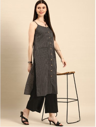 Anouk Women Black Striped Pure Cotton Kurta with Palazzos (Size-XL)