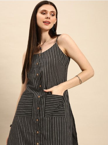 Anouk Women Black Striped Pure Cotton Kurta with Palazzos (Size-XL)