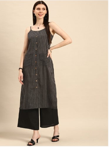 Anouk Women Black Striped Pure Cotton Kurta with Palazzos (Size-XL)