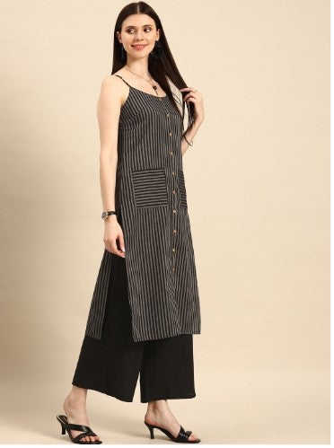 Anouk Women Black Striped Pure Cotton Kurta with Palazzos (Size-XL)
