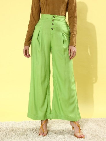 DressBerry Women Fluorescent Green Solid Wide Leg Bottom Trousers (Size-32)