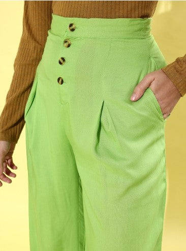 DressBerry Women Fluorescent Green Solid Wide Leg Bottom Trousers (Size-32)