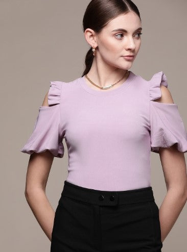 bebe Lavender Frost Brighter Basics Solid Cut Out Puff Sleeves Ruffles Top (Size-S)
