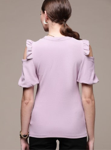 bebe Lavender Frost Brighter Basics Solid Cut Out Puff Sleeves Ruffles Top (Size-S)