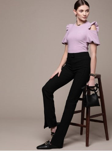 bebe Lavender Frost Brighter Basics Solid Cut Out Puff Sleeves Ruffles Top (Size-S)