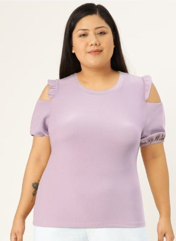 bebe Lavender Frost Brighter Basics Solid Cut Out Puff Sleeves Ruffles Top (Size-S)
