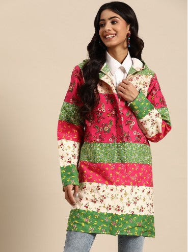 Sangria Women Pure Cotton Floral Longline Fusion Jacket (Size-L)