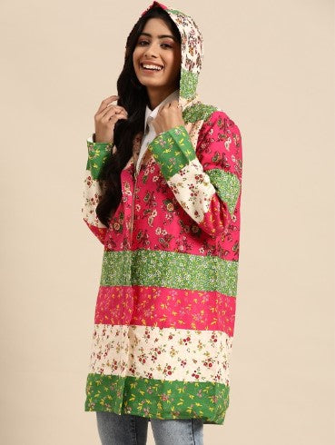 Sangria Women Pure Cotton Floral Longline Fusion Jacket (Size-L)