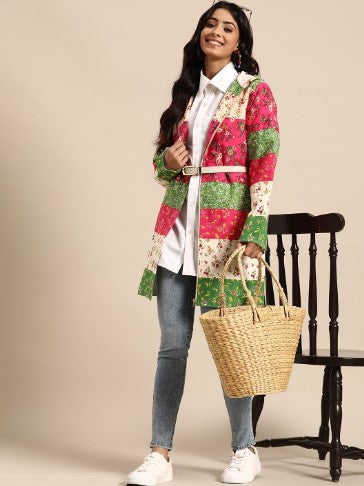 Sangria Women Pure Cotton Floral Longline Fusion Jacket (Size-L)