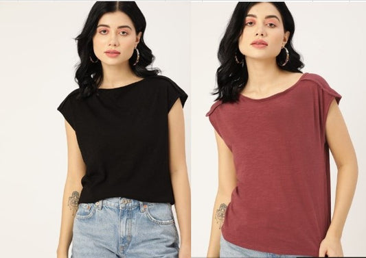 DressBerry Women Pack of 2 Solid Pure Cotton T-shirt (Size-S)