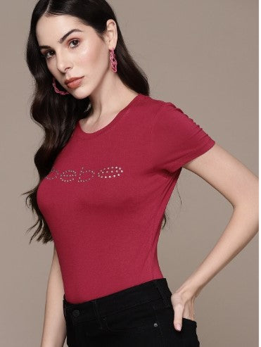 bebe Season Staples Brand Logo Embellished Fitted Top (Size-S)