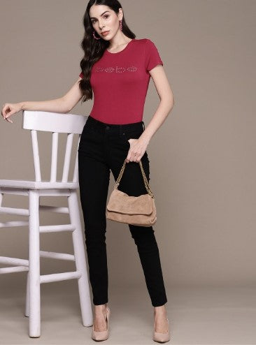 bebe Season Staples Brand Logo Embellished Fitted Top (Size-S)