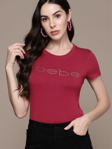 bebe Season Staples Brand Logo Embellished Fitted Top (Size-S)