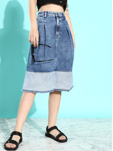 Roadster The Life Co. Classic Blue Cold Crush Block & Patch Pure Cotton A-Line Denim Skirt (Size-26)