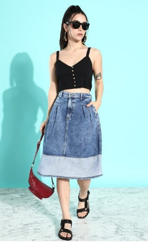 Roadster The Life Co. Classic Blue Cold Crush Block & Patch Pure Cotton A-Line Denim Skirt (Size-26)