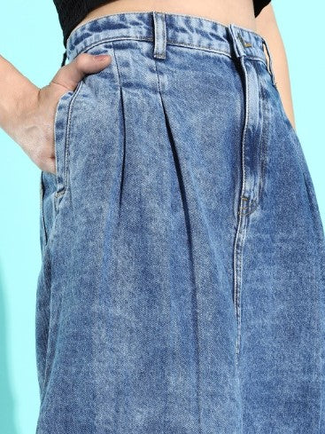 Roadster The Life Co. Classic Blue Cold Crush Block & Patch Pure Cotton A-Line Denim Skirt (Size-26)