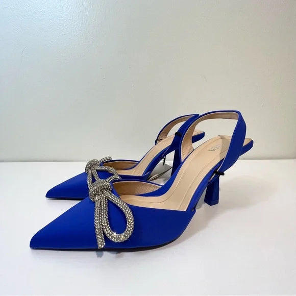 Zara - Crystal Bow Pointed Toe Satin Sling back Pump Blue Size-3UK