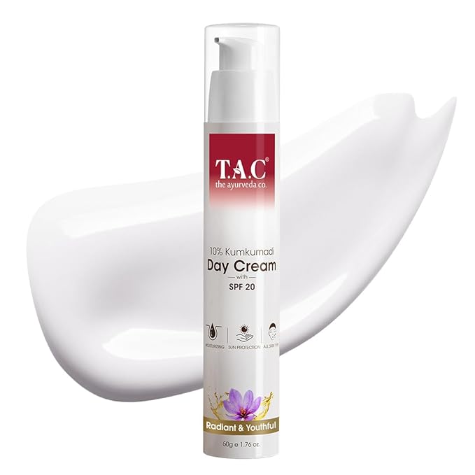 TAC - The Ayurveda Co. Kumkumadi Gold Glow Day Cream with Saffron & 24K Gold|Non-Sticky Face Moisturiser for Glowing Skin with Spf20|Reduces Pigmentation & Spots, Detans-50Ml (Pack of 2)