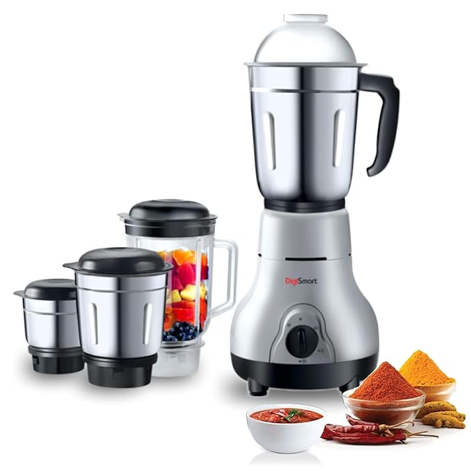 DigiSmart Kitchen Mate 750 Watt Powerful Motor Mixer Grinder for Chutney, Juice and Shake With 4 Jars, Fast Grinding Wet & Dry Ingridients, Stainless Blade - Grey and Black