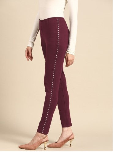 All about you Women Maroon Solid Metallic Studs Jeggings