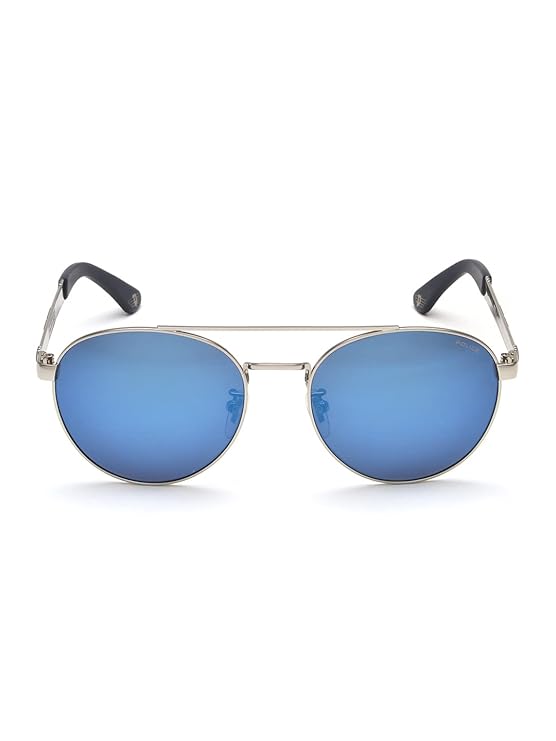 Police sunglasses| 100% UV protected | Gradient | Full Rim | Round | Men | Large | Shiny Silver Alloy Metal Frame | Blue Mirror (SPL891)