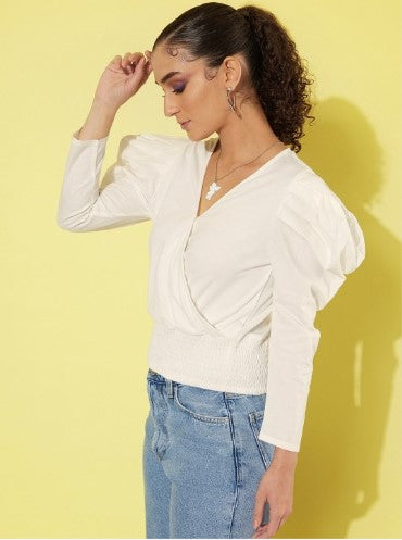 Roadster The Lifestyle Co. Blanc White Smocked Wrap Style Hollaback Femme Blouse Top (Size-S)