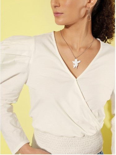 Roadster The Lifestyle Co. Blanc White Smocked Wrap Style Hollaback Femme Blouse Top (Size-S)