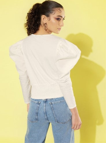 Roadster The Lifestyle Co. Blanc White Smocked Wrap Style Hollaback Femme Blouse Top (Size-S)