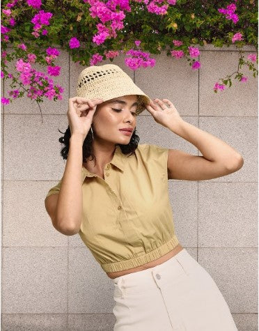 DressBerry Pure Cotton Extended Sleeves Shirt Style Crop Top (Size-S)