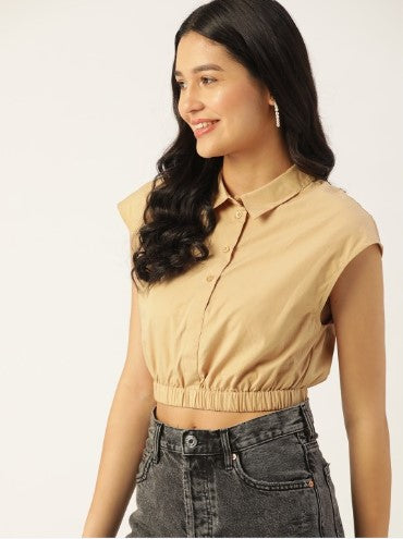 DressBerry Pure Cotton Extended Sleeves Shirt Style Crop Top (Size-S)