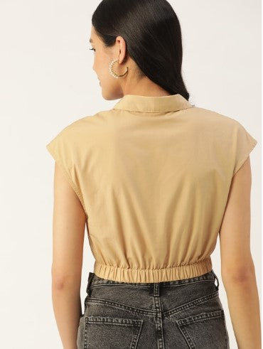 DressBerry Pure Cotton Extended Sleeves Shirt Style Crop Top (Size-S)