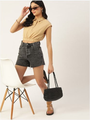 DressBerry Pure Cotton Extended Sleeves Shirt Style Crop Top (Size-S)