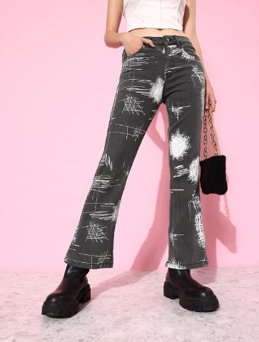 Kook N Keech Women Ash Grey Bootcut Light Fade Graphic High Printed Stretchable Jeans (Size-26)