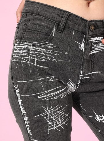 Kook N Keech Women Ash Grey Bootcut Light Fade Graphic High Printed Stretchable Jeans (Size-26)