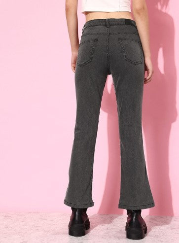 Kook N Keech Women Ash Grey Bootcut Light Fade Graphic High Printed Stretchable Jeans (Size-26)