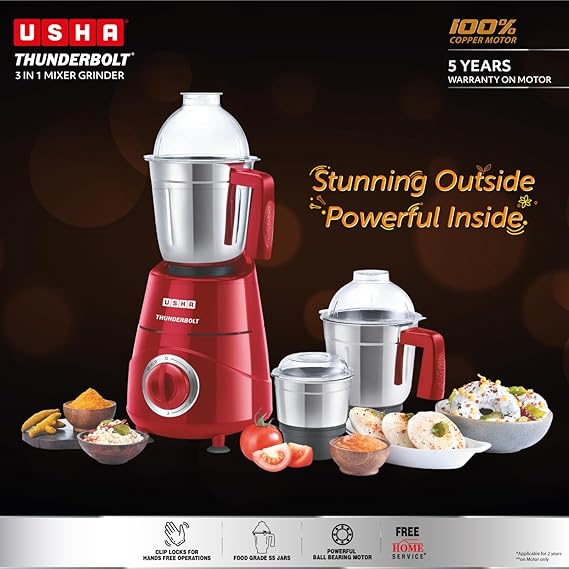 USHA Thunderbolt 800-Watt Copper Motor Mixer Grinder with 3 Jars(Red)