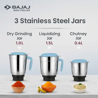 Bajaj Ion 500-Watt Mixer Grinder with 3 Jars (White/Blue)