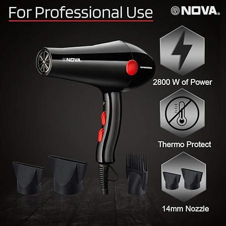 Nova NHP 8215 1800 Watts Professional Hair Dryer for Women (Black/RED)